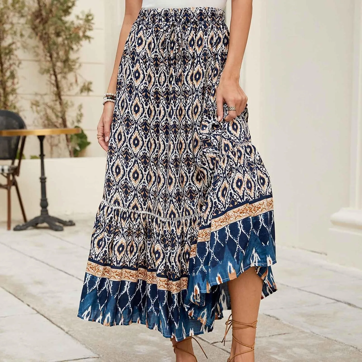 Women's Boho Flowy Midi Skirts Summer Casual Elastic High Waist A-Line Skirts Elegant Vacation Beach Long Skirt