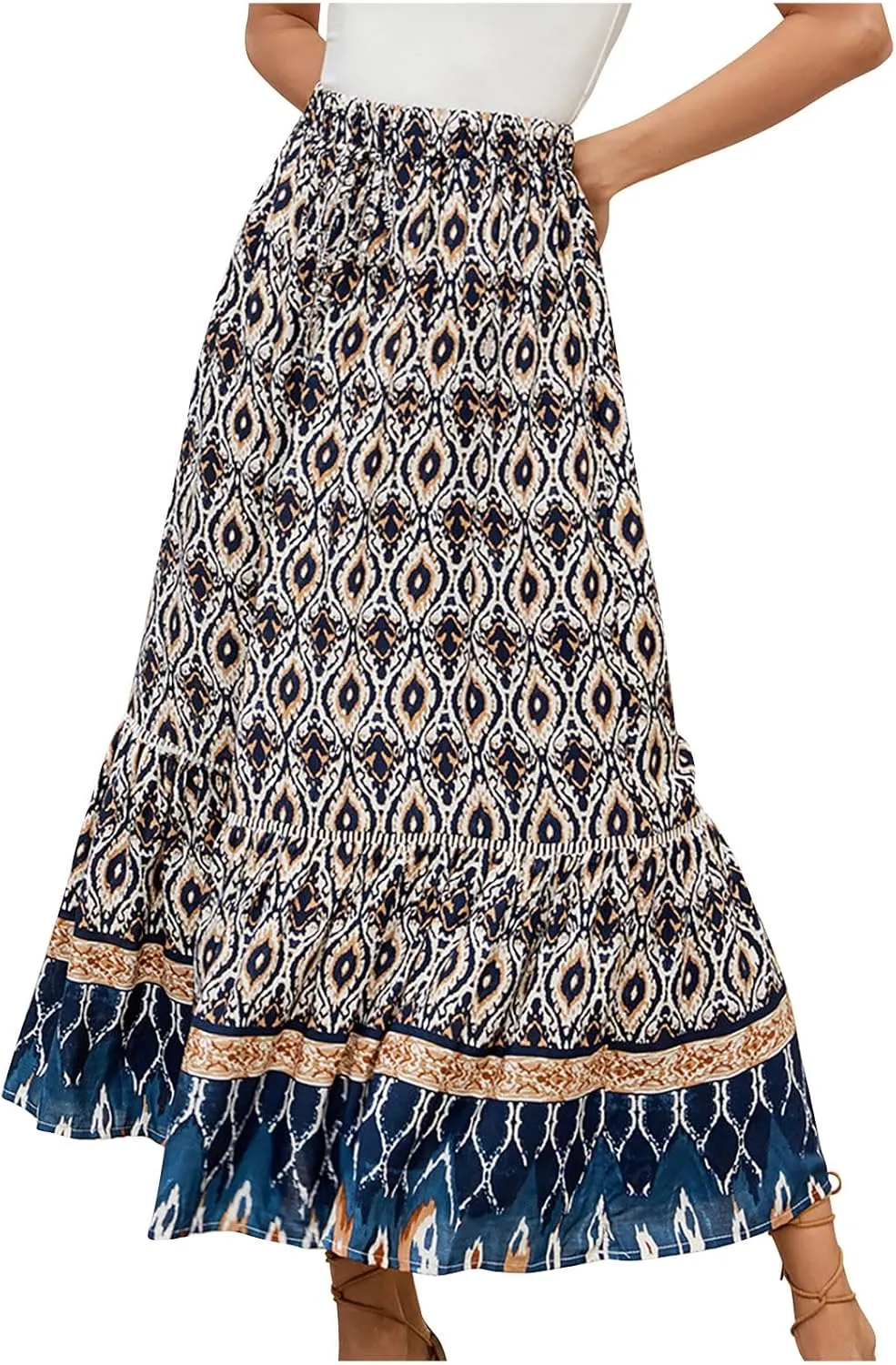 Women's Boho Flowy Midi Skirts Summer Casual Elastic High Waist A-Line Skirts Elegant Vacation Beach Long Skirt