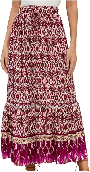 Women's Boho Flowy Midi Skirts Summer Casual Elastic High Waist A-Line Skirts Elegant Vacation Beach Long Skirt
