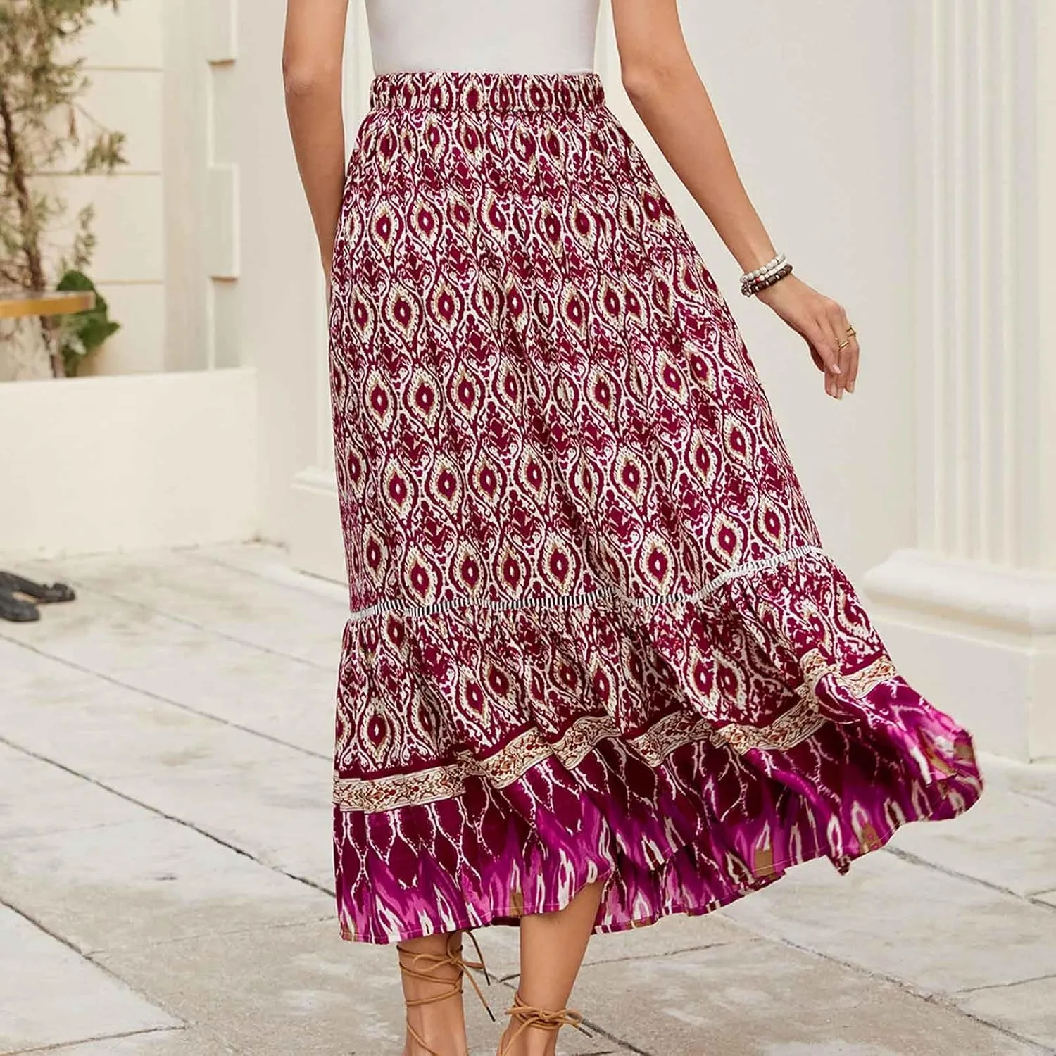 Women's Boho Flowy Midi Skirts Summer Casual Elastic High Waist A-Line Skirts Elegant Vacation Beach Long Skirt