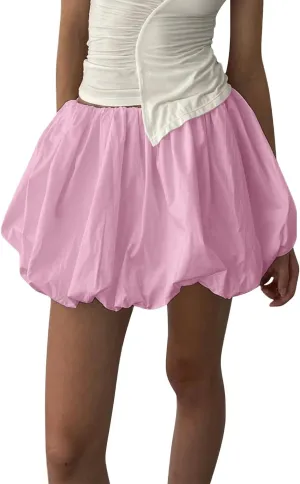 Womens Bubble Mini Skirt Y2K Vintage Elastic Waist Pleated Puff Skirts Loose Fit Cute A Line Flare Fairy Streetwear