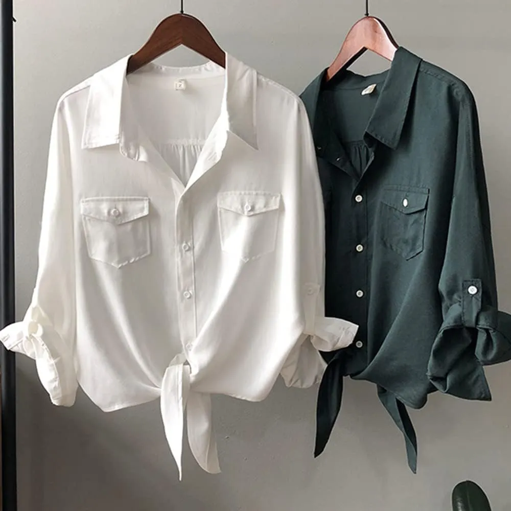 Womens Button Down V Neck Shirts 3/4 Sleeve Tie Front Loose Office Business Shirt Blouse Summer Casual Tops
