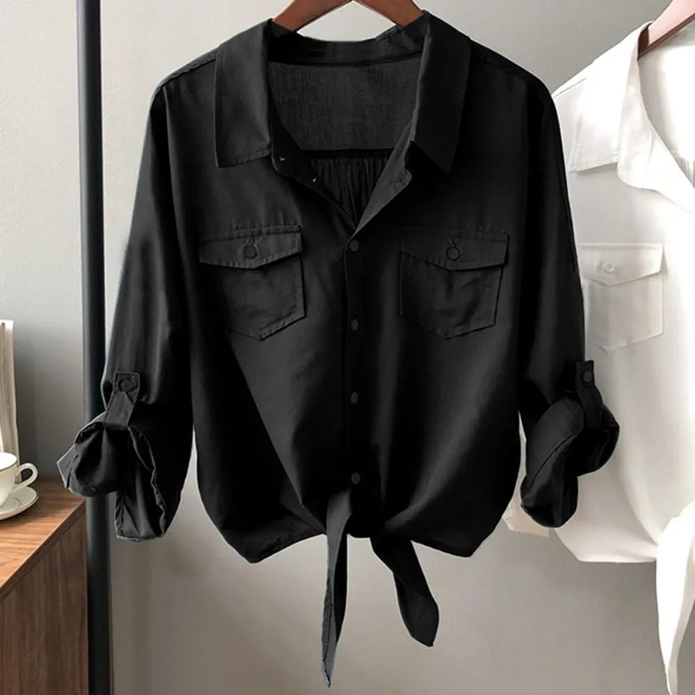 Womens Button Down V Neck Shirts 3/4 Sleeve Tie Front Loose Office Business Shirt Blouse Summer Casual Tops