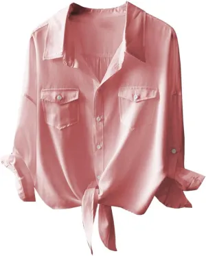 Womens Button Down V Neck Shirts 3/4 Sleeve Tie Front Loose Office Business Shirt Blouse Summer Casual Tops