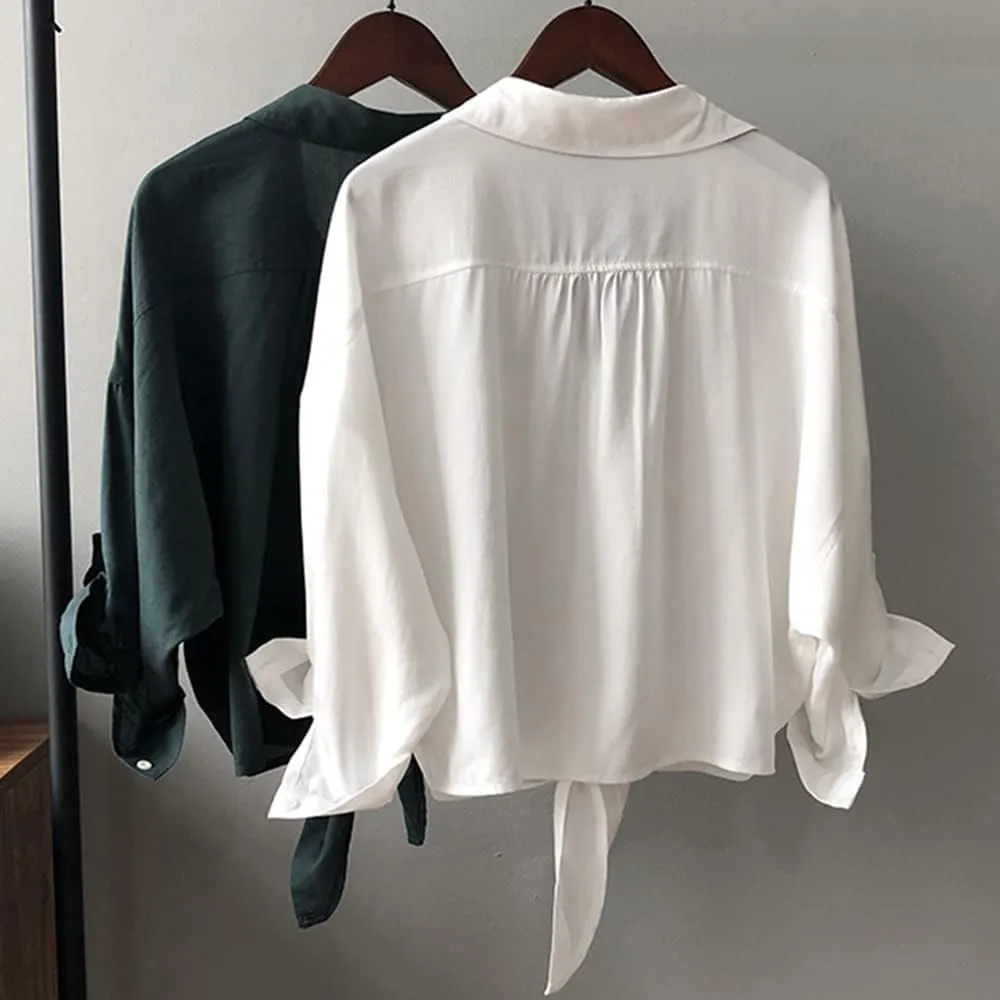 Womens Button Down V Neck Shirts 3/4 Sleeve Tie Front Loose Office Business Shirt Blouse Summer Casual Tops