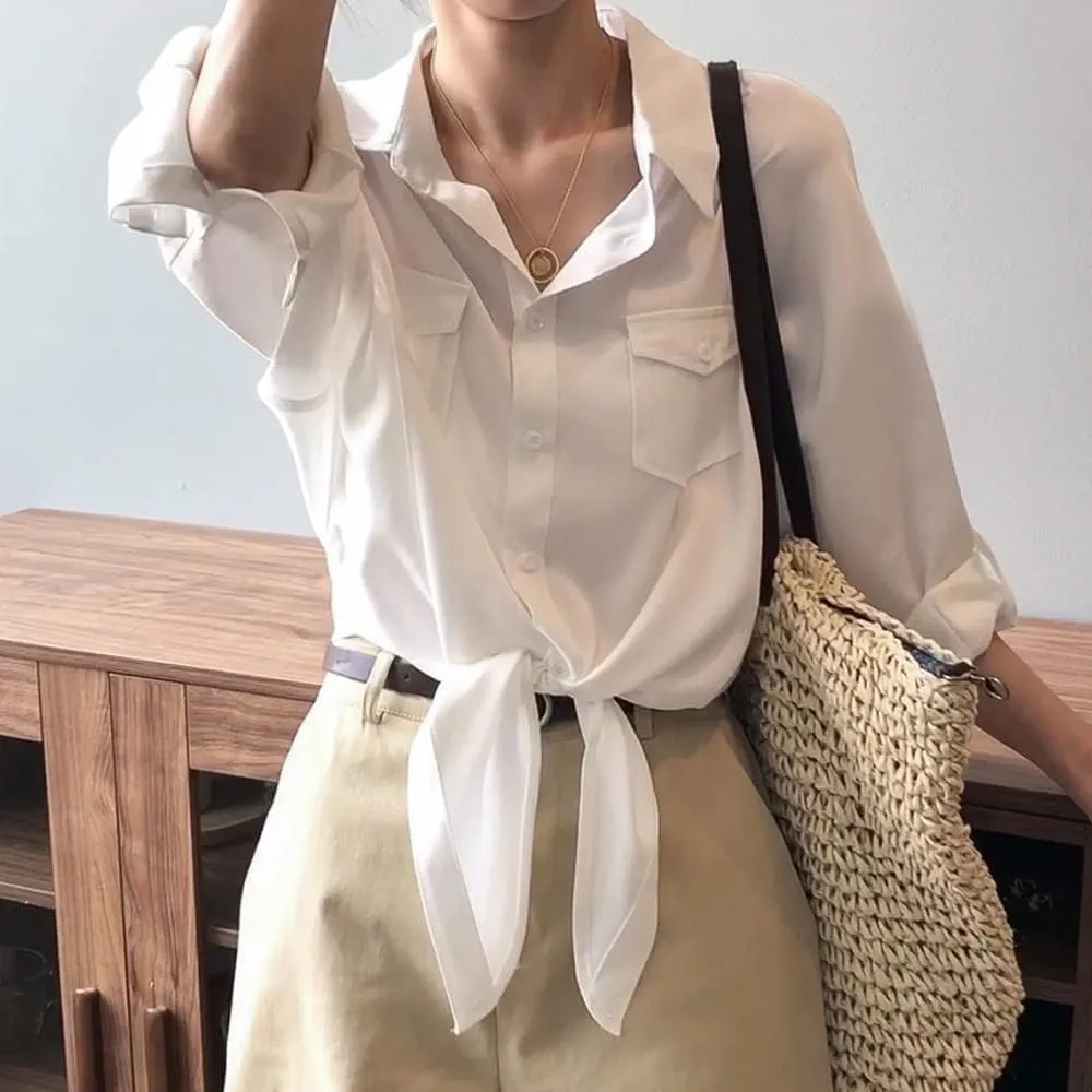 Womens Button Down V Neck Shirts 3/4 Sleeve Tie Front Loose Office Business Shirt Blouse Summer Casual Tops