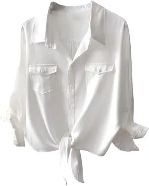 Womens Button Down V Neck Shirts 3/4 Sleeve Tie Front Loose Office Business Shirt Blouse Summer Casual Tops