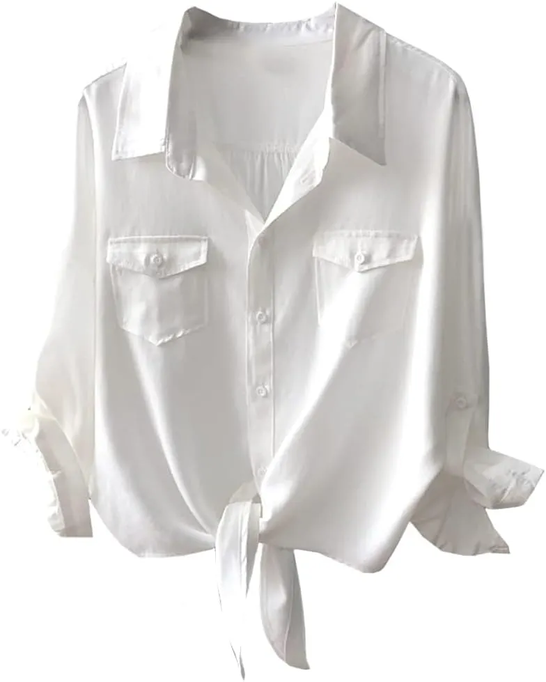 Womens Button Down V Neck Shirts 3/4 Sleeve Tie Front Loose Office Business Shirt Blouse Summer Casual Tops