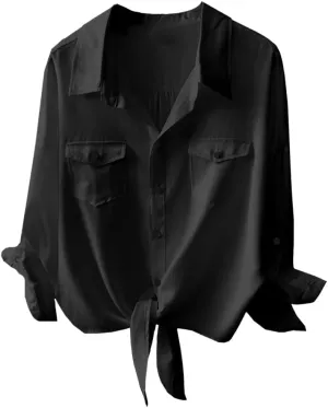 Womens Button Down V Neck Shirts 3/4 Sleeve Tie Front Loose Office Business Shirt Blouse Summer Casual Tops