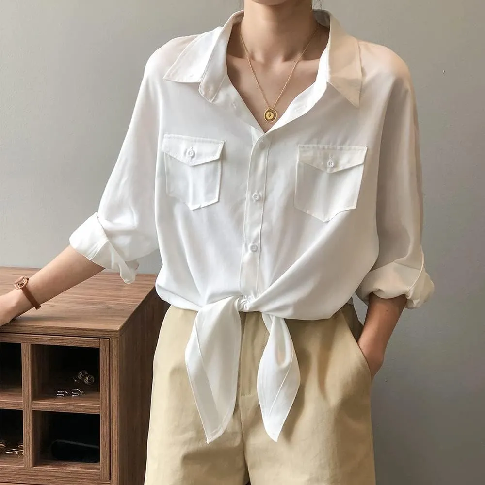 Womens Button Down V Neck Shirts 3/4 Sleeve Tie Front Loose Office Business Shirt Blouse Summer Casual Tops