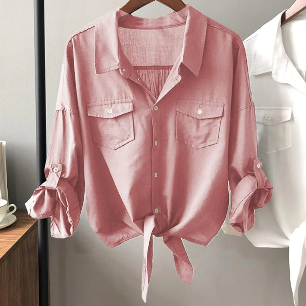 Womens Button Down V Neck Shirts 3/4 Sleeve Tie Front Loose Office Business Shirt Blouse Summer Casual Tops