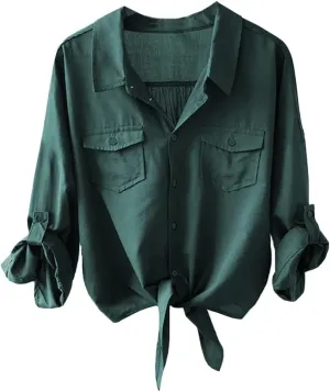 Womens Button Down V Neck Shirts 3/4 Sleeve Tie Front Loose Office Business Shirt Blouse Summer Casual Tops