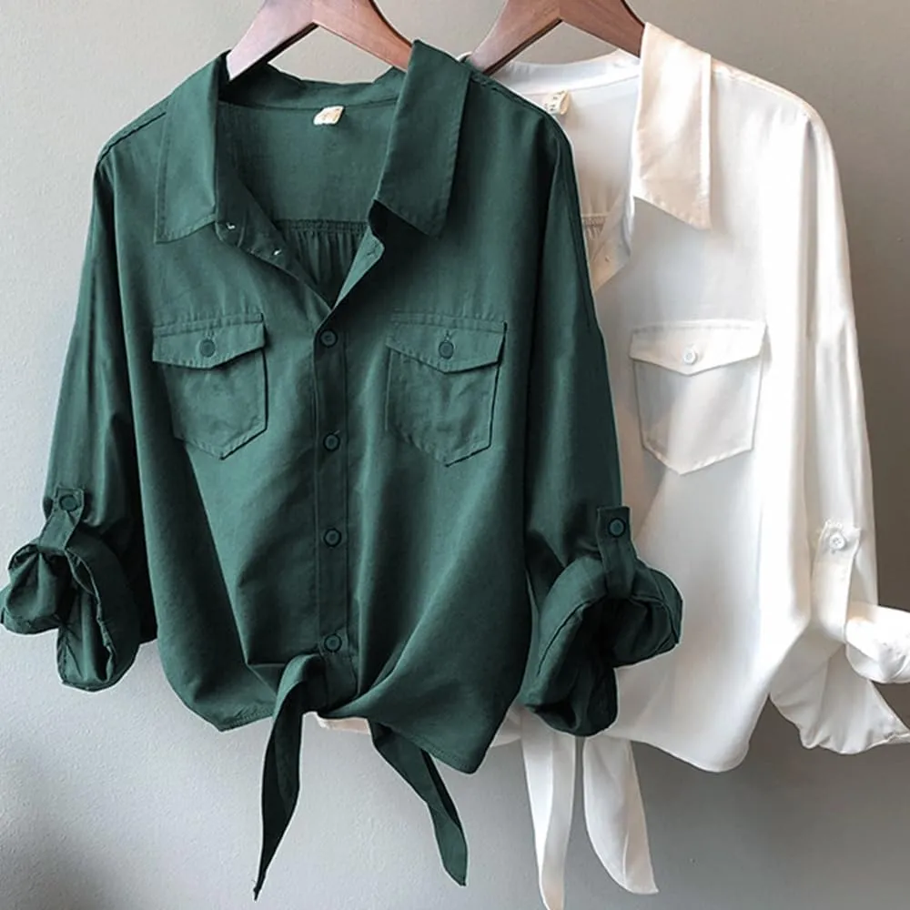 Womens Button Down V Neck Shirts 3/4 Sleeve Tie Front Loose Office Business Shirt Blouse Summer Casual Tops