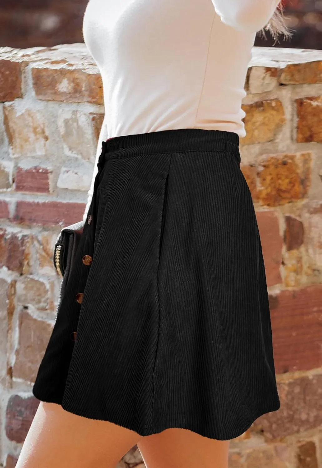 Women’s Button Front Mini Skirt A-line Pleated Corduroy Skater Skirts for Women with Pocket