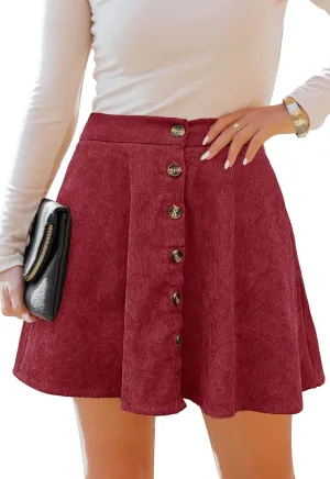 Women’s Button Front Mini Skirt A-line Pleated Corduroy Skater Skirts for Women with Pocket
