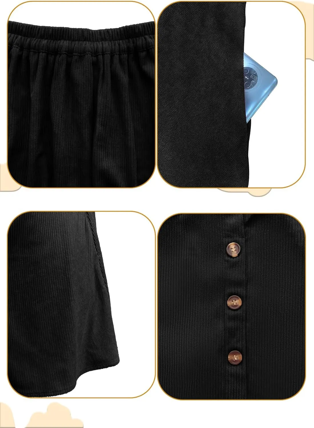 Women’s Button Front Mini Skirt A-line Pleated Corduroy Skater Skirts for Women with Pocket