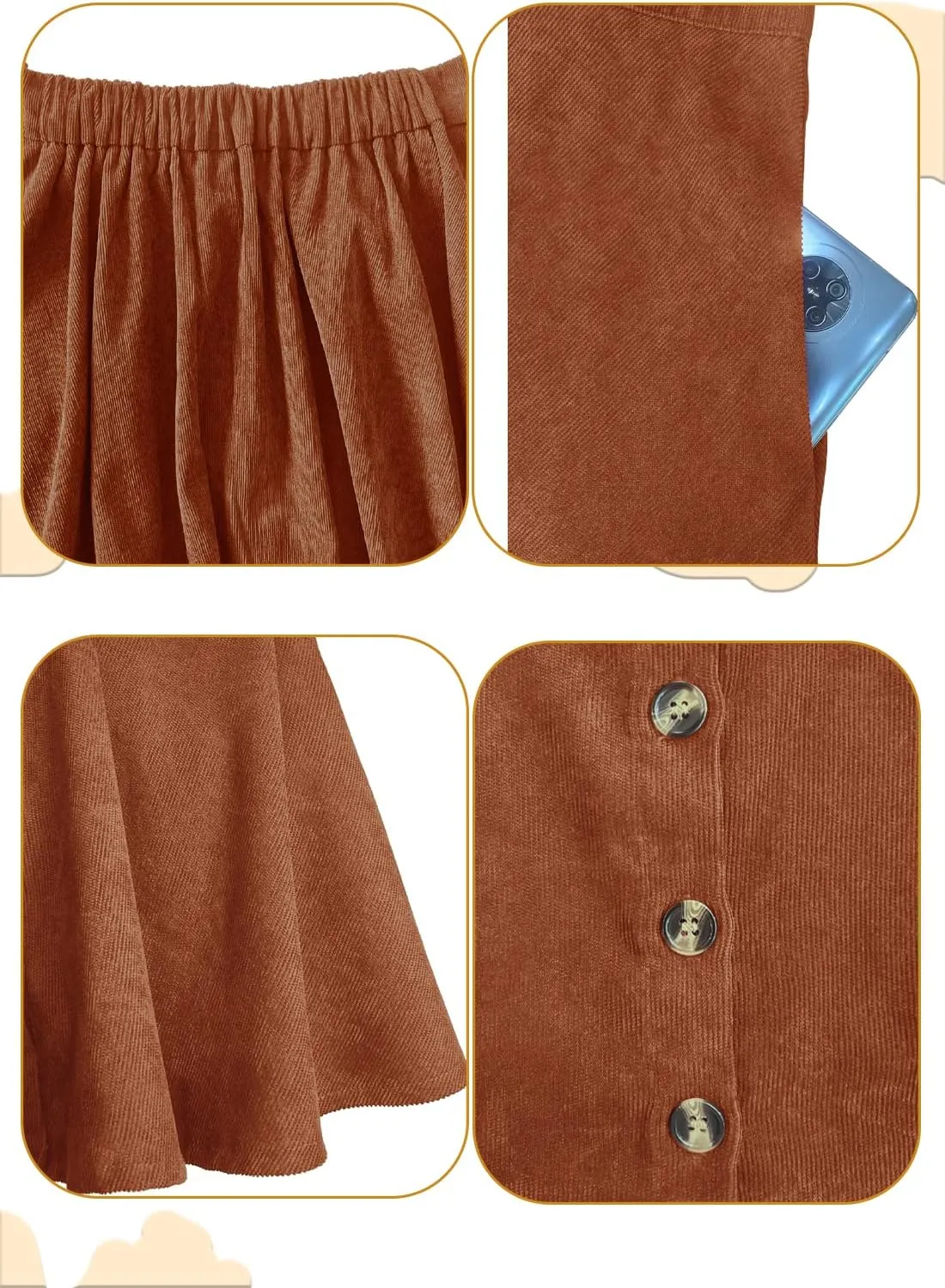 Women’s Button Front Mini Skirt A-line Pleated Corduroy Skater Skirts for Women with Pocket