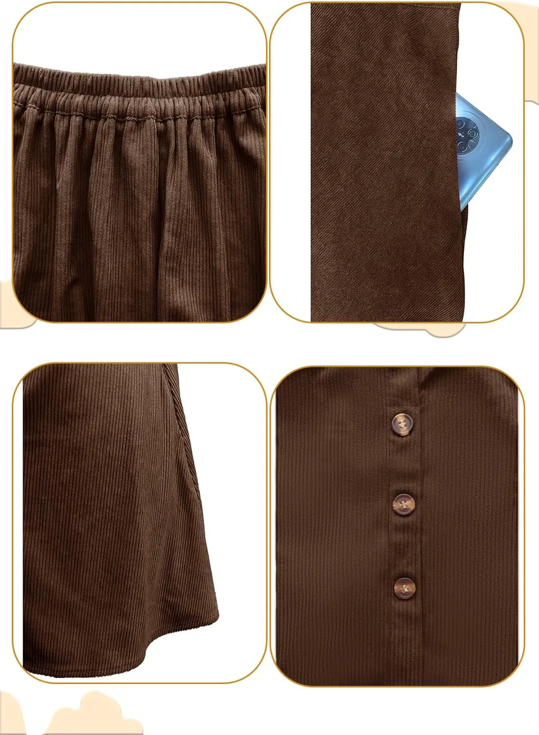 Women’s Button Front Mini Skirt A-line Pleated Corduroy Skater Skirts for Women with Pocket