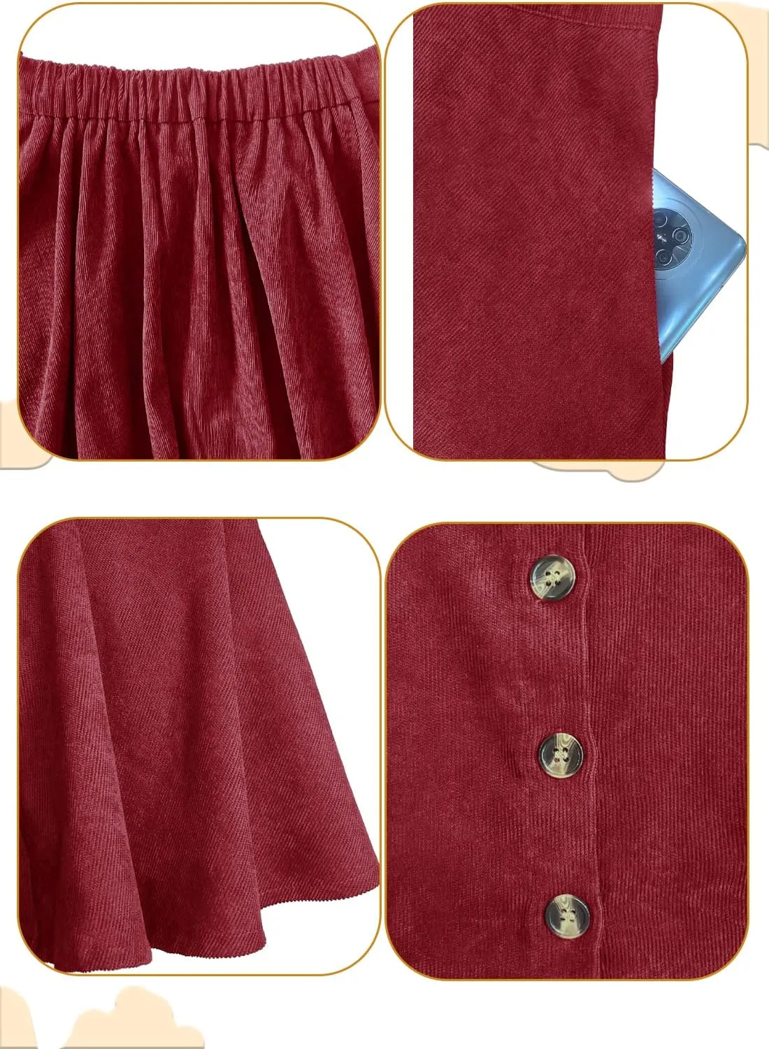 Women’s Button Front Mini Skirt A-line Pleated Corduroy Skater Skirts for Women with Pocket
