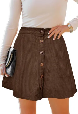Women’s Button Front Mini Skirt A-line Pleated Corduroy Skater Skirts for Women with Pocket