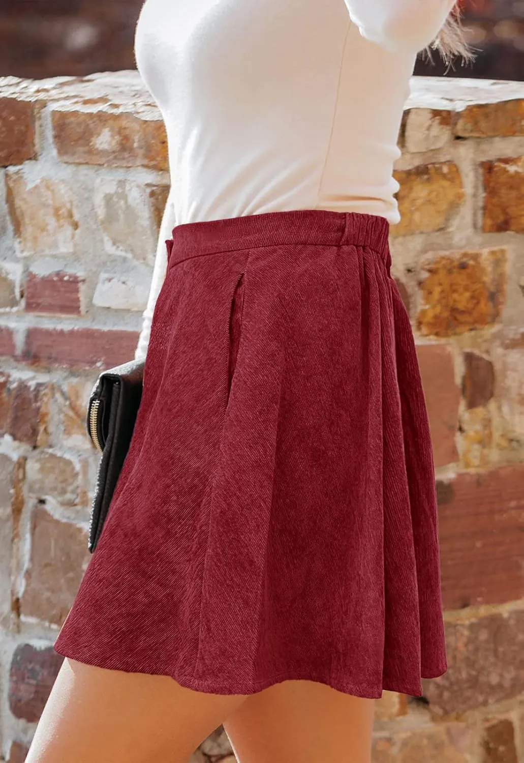 Women’s Button Front Mini Skirt A-line Pleated Corduroy Skater Skirts for Women with Pocket