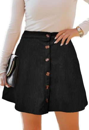 Women’s Button Front Mini Skirt A-line Pleated Corduroy Skater Skirts for Women with Pocket