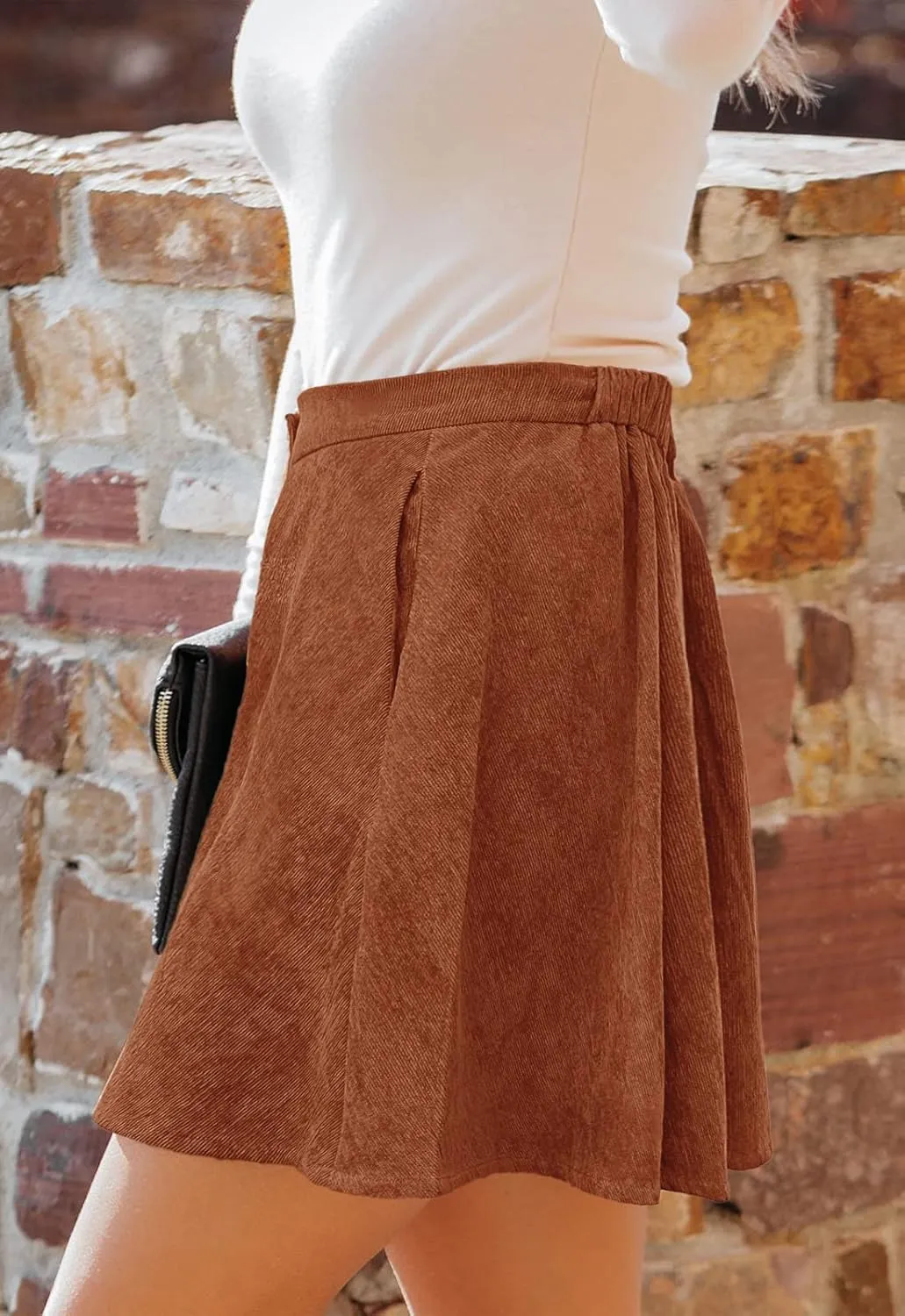 Women’s Button Front Mini Skirt A-line Pleated Corduroy Skater Skirts for Women with Pocket