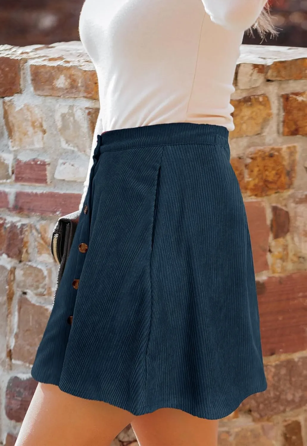 Women’s Button Front Mini Skirt A-line Pleated Corduroy Skater Skirts for Women with Pocket