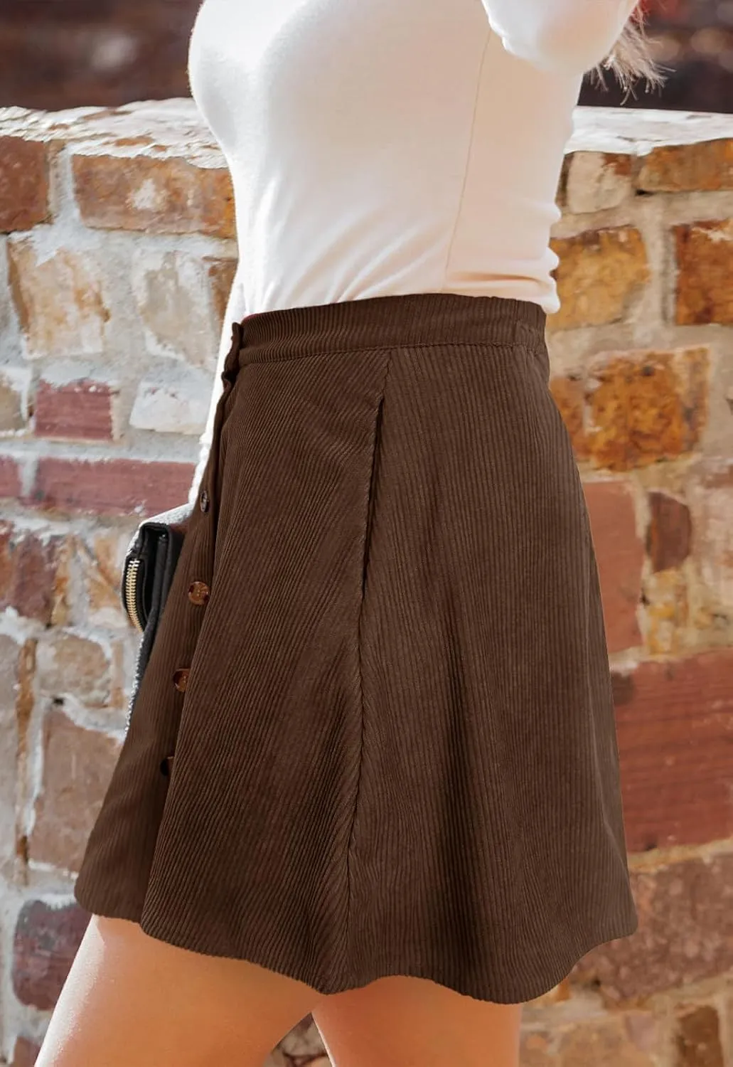 Women’s Button Front Mini Skirt A-line Pleated Corduroy Skater Skirts for Women with Pocket