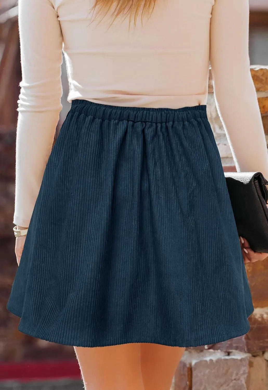 Women’s Button Front Mini Skirt A-line Pleated Corduroy Skater Skirts for Women with Pocket