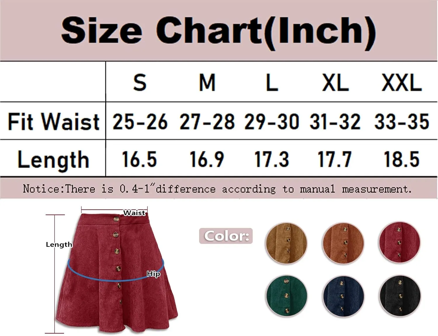 Women’s Button Front Mini Skirt A-line Pleated Corduroy Skater Skirts for Women with Pocket
