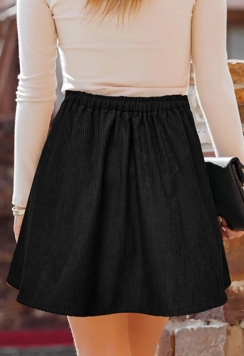 Women’s Button Front Mini Skirt A-line Pleated Corduroy Skater Skirts for Women with Pocket