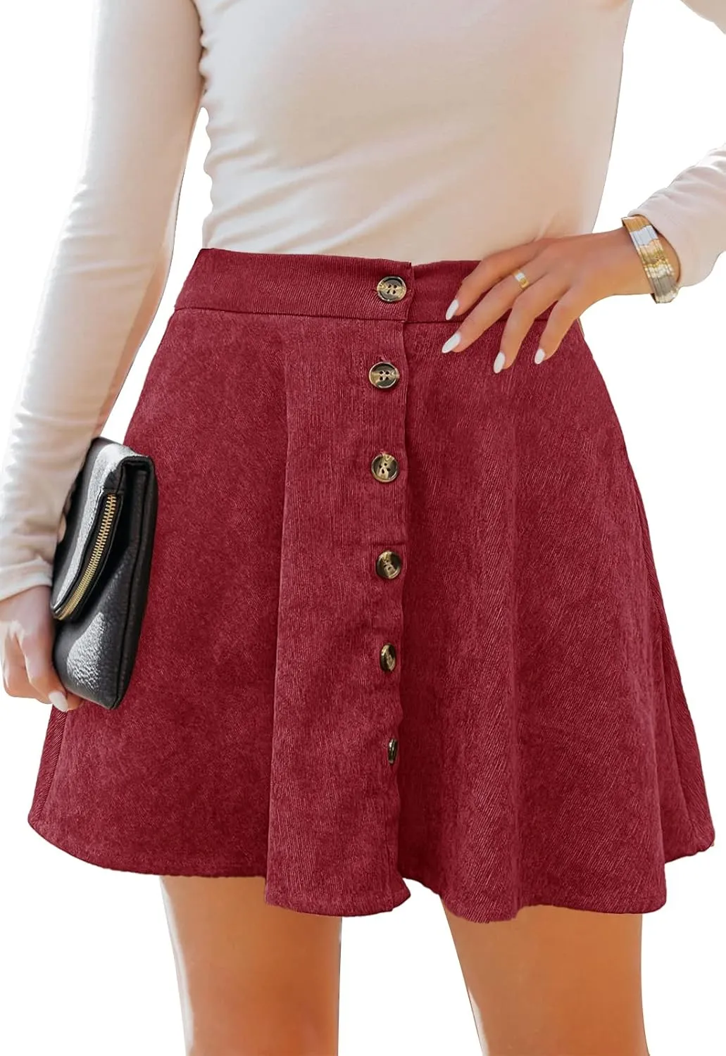 Women’s Button Front Mini Skirt A-line Pleated Corduroy Skater Skirts for Women with Pocket