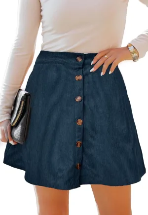 Women’s Button Front Mini Skirt A-line Pleated Corduroy Skater Skirts for Women with Pocket