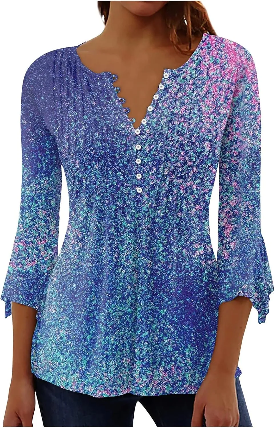 Women's Button Up Shirt Floral Print Top Summer Casual 3/4 Sleeve V Neck Blouse Women's Athletic Shirts
