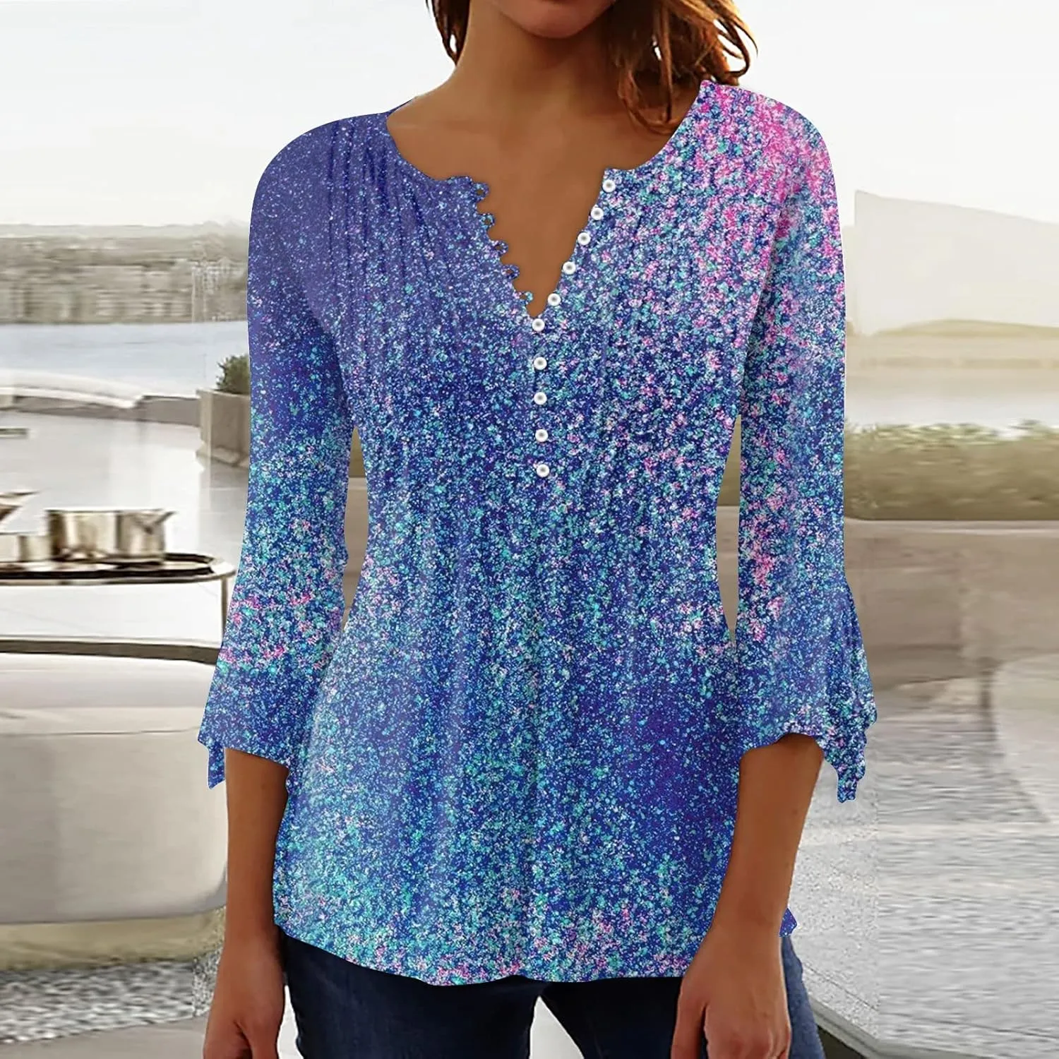 Women's Button Up Shirt Floral Print Top Summer Casual 3/4 Sleeve V Neck Blouse Women's Athletic Shirts