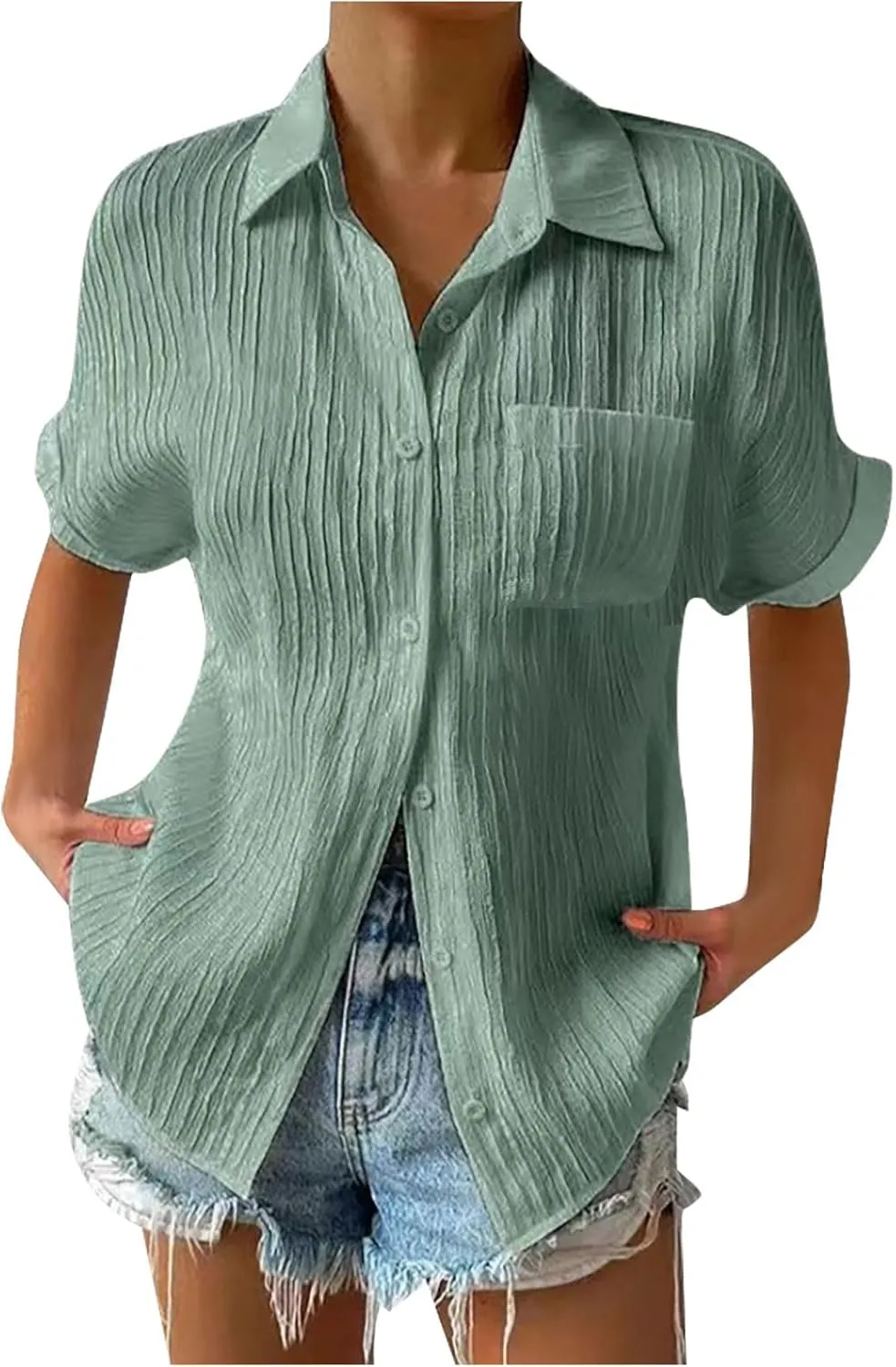 Women's Casual Button Down Shirts V Neck Short Sleeve Collared Office Work Blouses Tops with Pockets