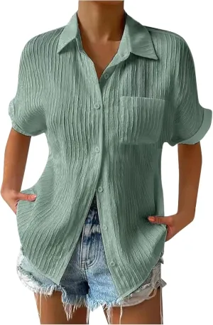 Women's Casual Button Down Shirts V Neck Short Sleeve Collared Office Work Blouses Tops with Pockets