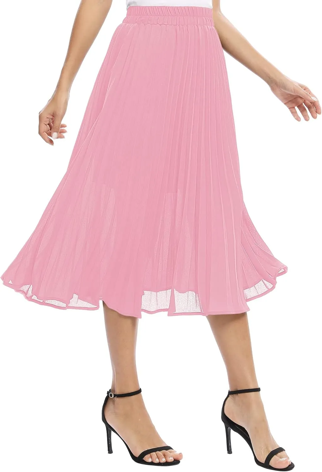 Women's Casual Chiffon Elastic Waist A-Line Pleated Midi Skirt with Pockets