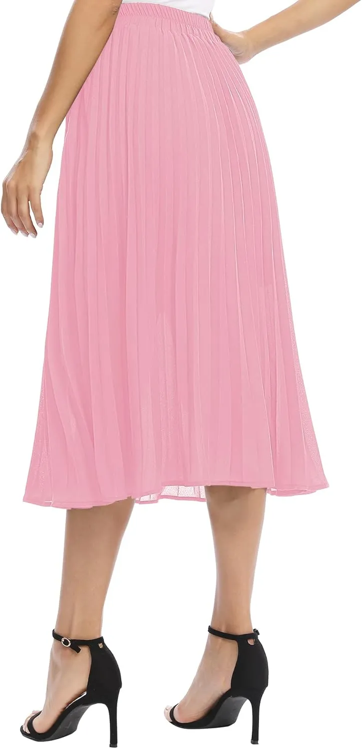 Women's Casual Chiffon Elastic Waist A-Line Pleated Midi Skirt with Pockets