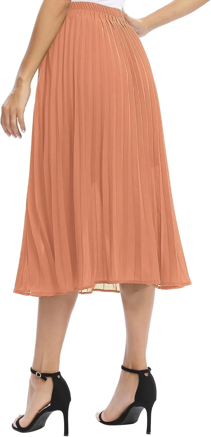 Women's Casual Chiffon Elastic Waist A-Line Pleated Midi Skirt with Pockets
