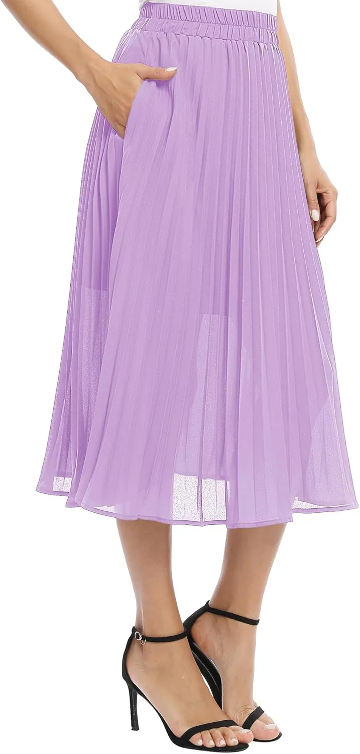 Women's Casual Chiffon Elastic Waist A-Line Pleated Midi Skirt with Pockets