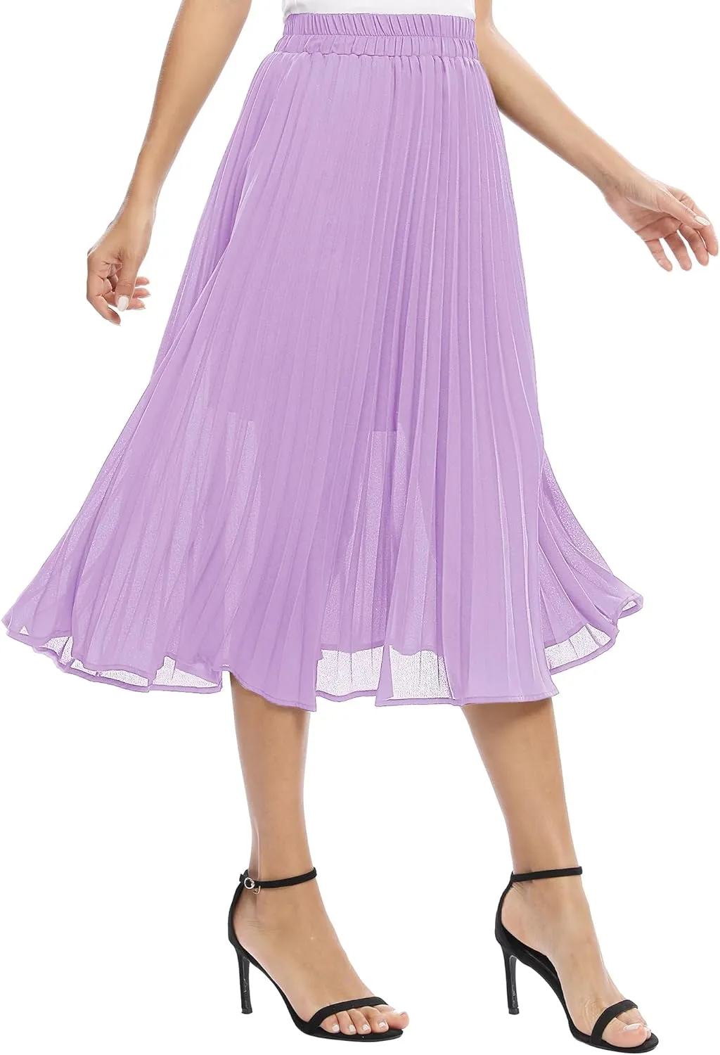Women's Casual Chiffon Elastic Waist A-Line Pleated Midi Skirt with Pockets