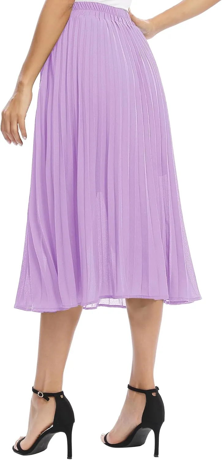 Women's Casual Chiffon Elastic Waist A-Line Pleated Midi Skirt with Pockets