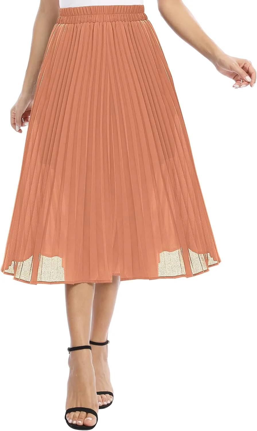 Women's Casual Chiffon Elastic Waist A-Line Pleated Midi Skirt with Pockets