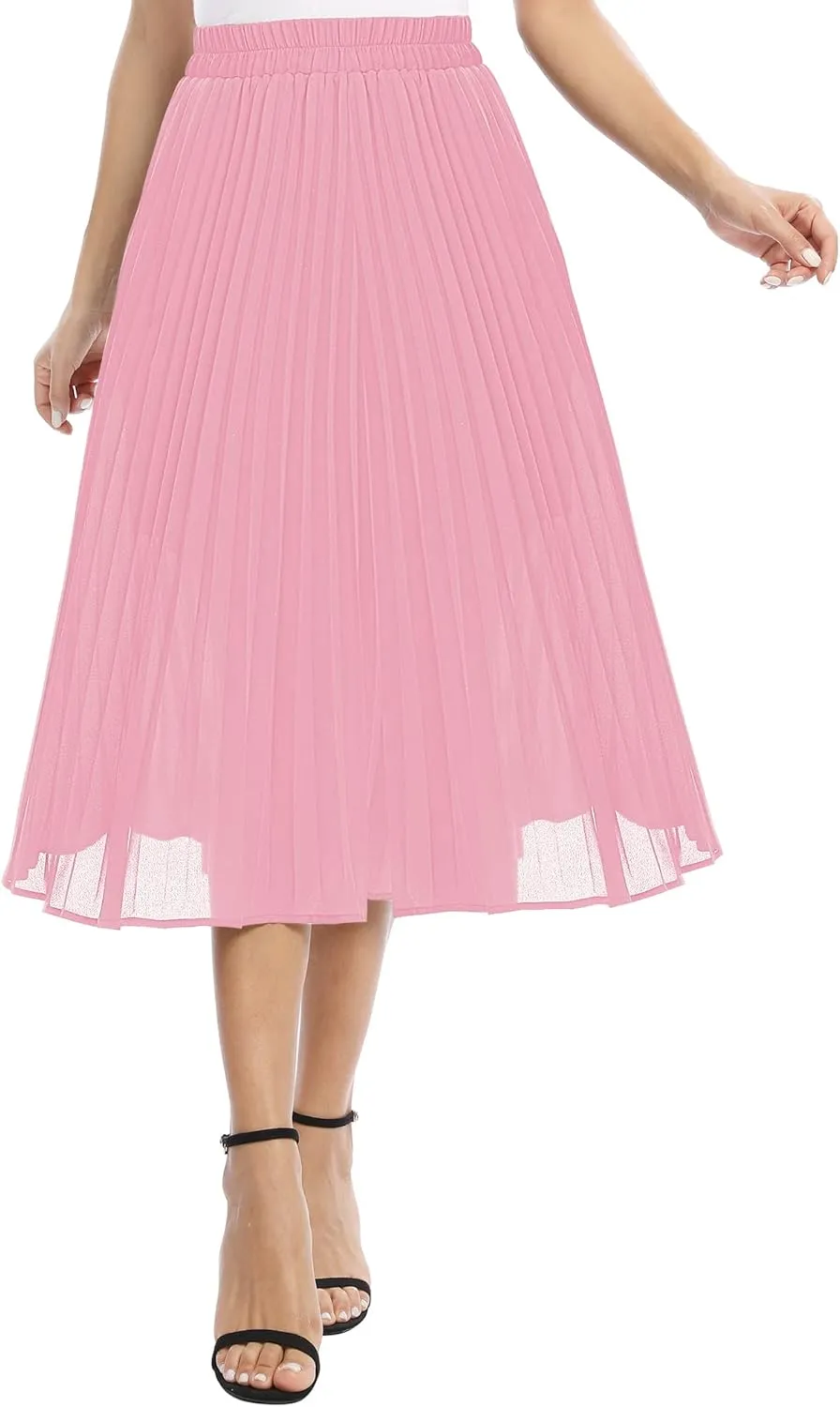 Women's Casual Chiffon Elastic Waist A-Line Pleated Midi Skirt with Pockets