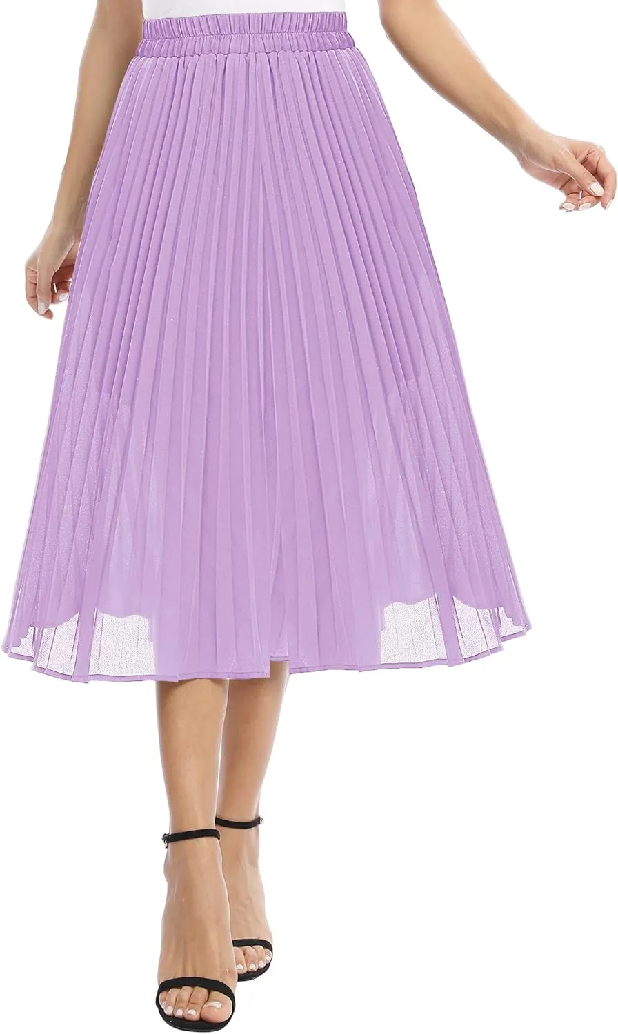Women's Casual Chiffon Elastic Waist A-Line Pleated Midi Skirt with Pockets
