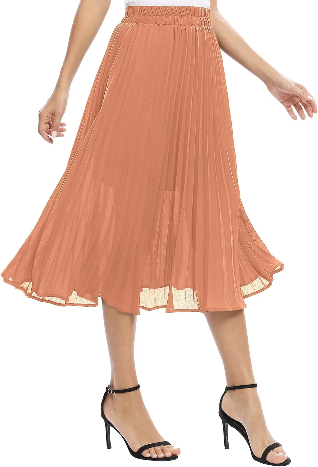Women's Casual Chiffon Elastic Waist A-Line Pleated Midi Skirt with Pockets