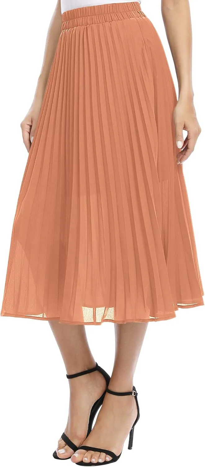 Women's Casual Chiffon Elastic Waist A-Line Pleated Midi Skirt with Pockets