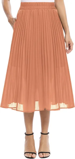 Women's Casual Chiffon Elastic Waist A-Line Pleated Midi Skirt with Pockets